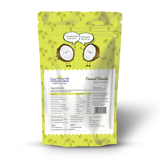 Back of Laghumi coconut vanilla crunch snack packaging showing ingredients, nutrition facts, and clean label