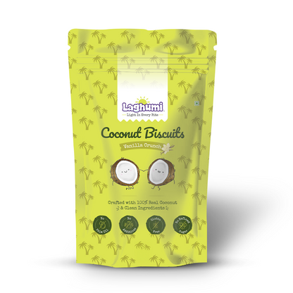 Laghumi coconut vanilla crunch snack front packaging – light and clean ingredients, healthy guilt-free snack made with real coconut with white background