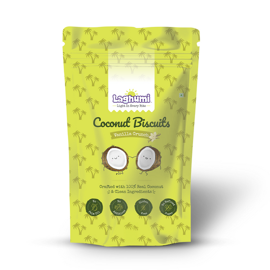 Laghumi coconut vanilla crunch snack front packaging – light and clean ingredients, healthy guilt-free snack made with real coconut with white background
